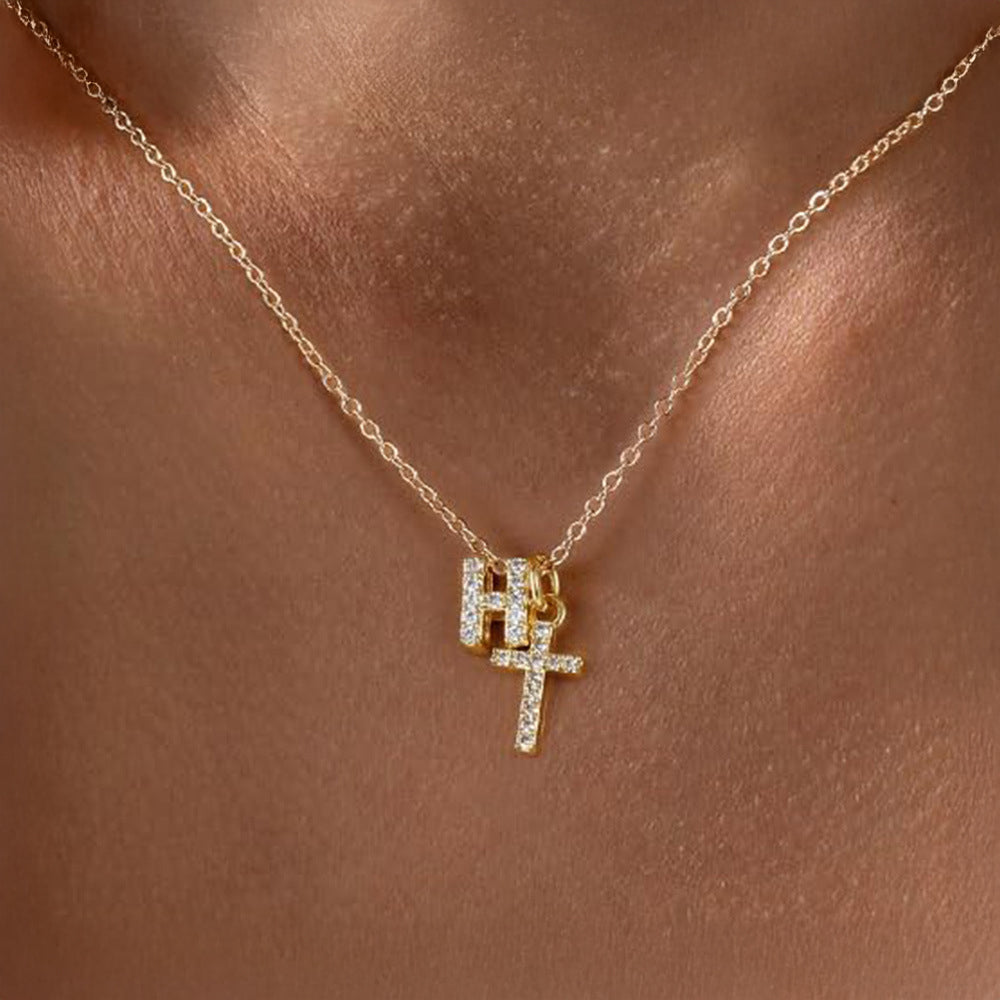 Dainty Crystal Initial & Cross Pendant Necklace