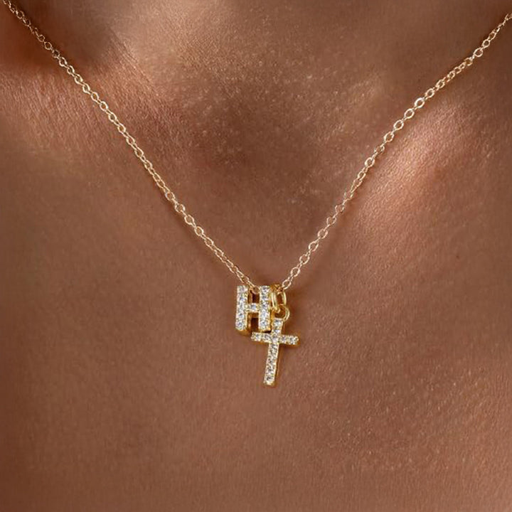 Dainty Crystal Initial & Cross Pendant Necklace