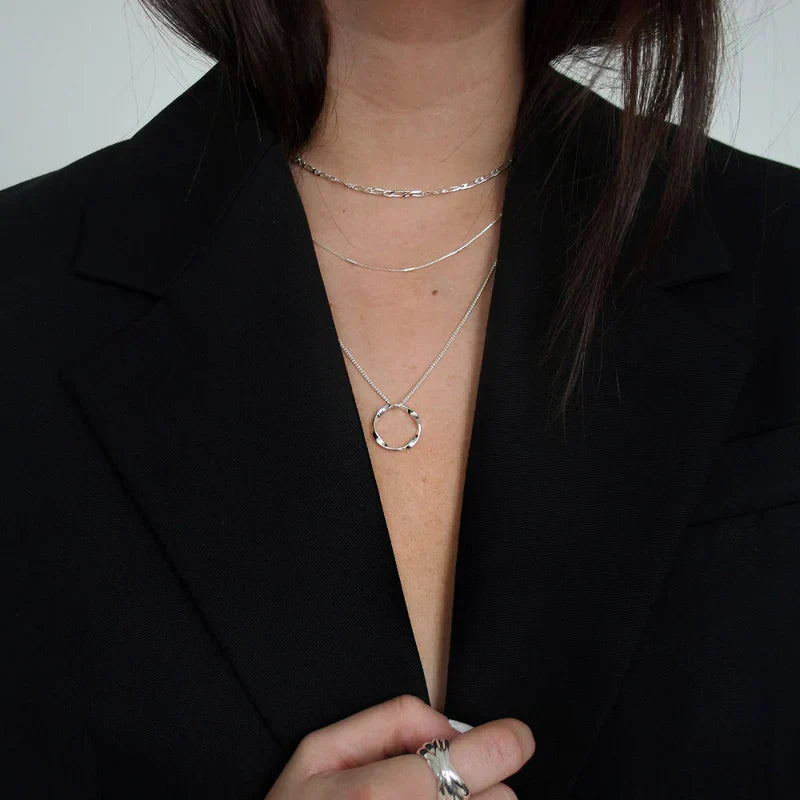 Open Circle Three Row Necklace – Silver Tone