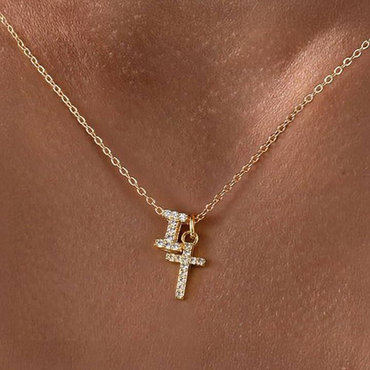 Dainty Crystal Initial & Cross Pendant Necklace
