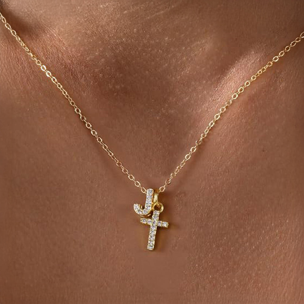 Dainty Crystal Initial & Cross Pendant Necklace