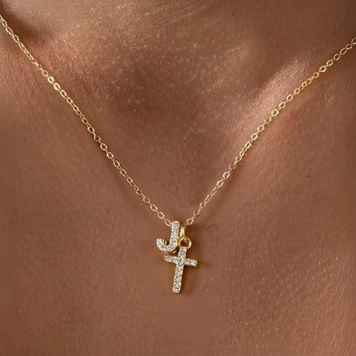 Dainty Crystal Initial & Cross Pendant Necklace