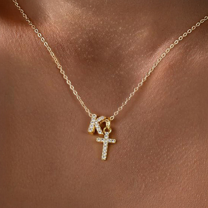 Dainty Crystal Initial & Cross Pendant Necklace