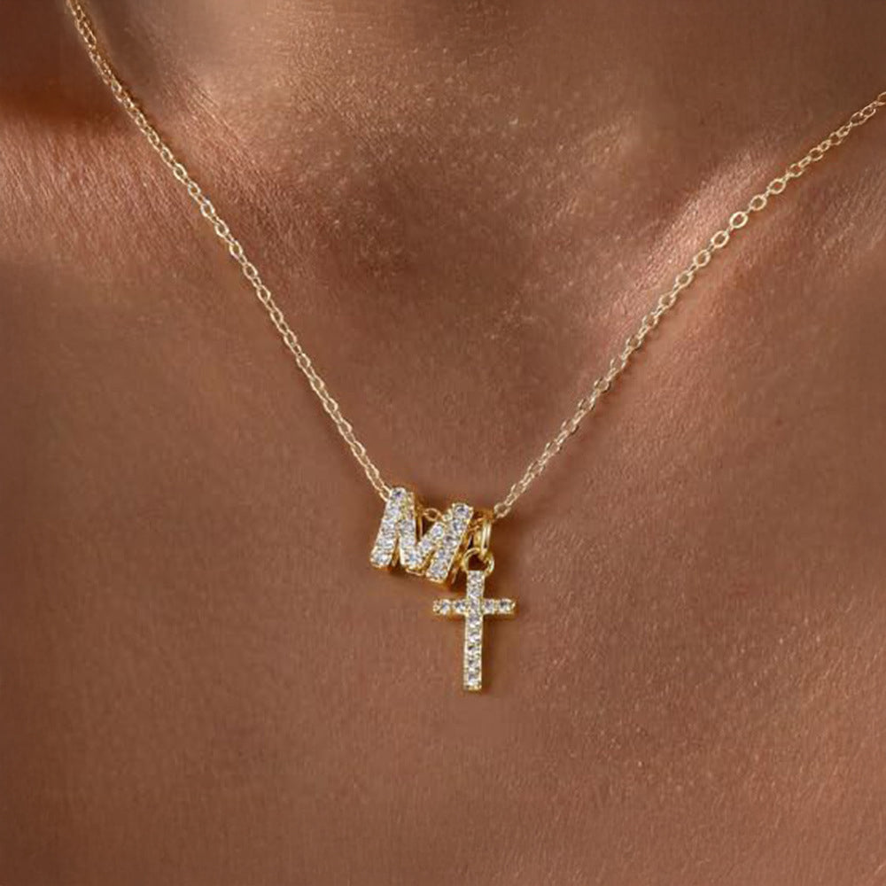 Dainty Crystal Initial & Cross Pendant Necklace