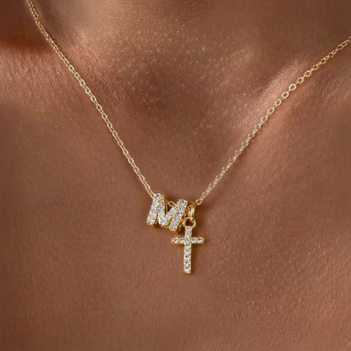 Dainty Crystal Initial & Cross Pendant Necklace
