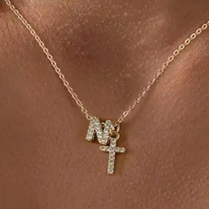 Dainty Crystal Initial & Cross Pendant Necklace