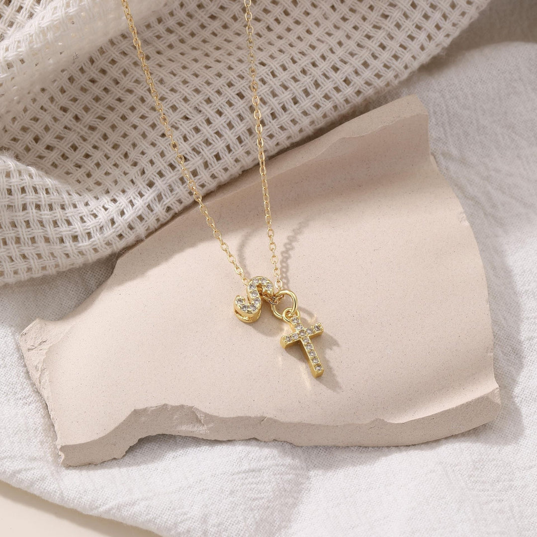 Dainty Crystal Initial & Cross Pendant Necklace
