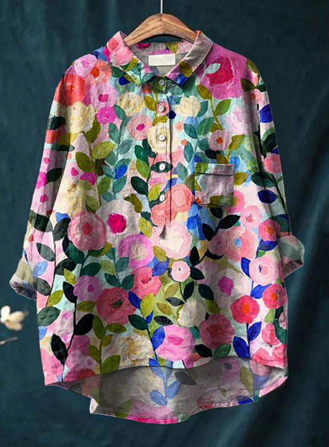 Caroline | Cotton Linen Floral Blouse