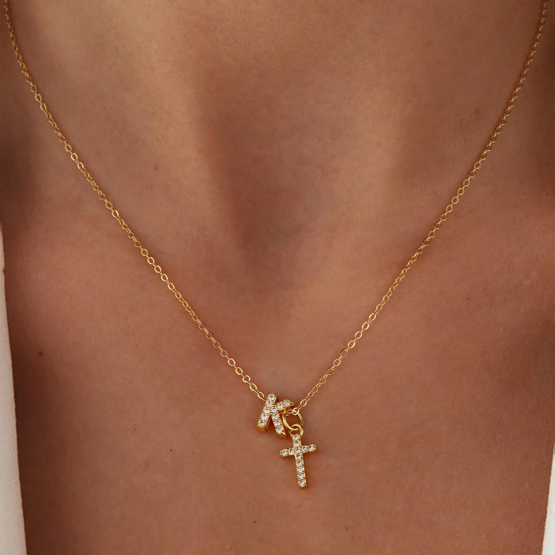 Dainty Crystal Initial & Cross Pendant Necklace