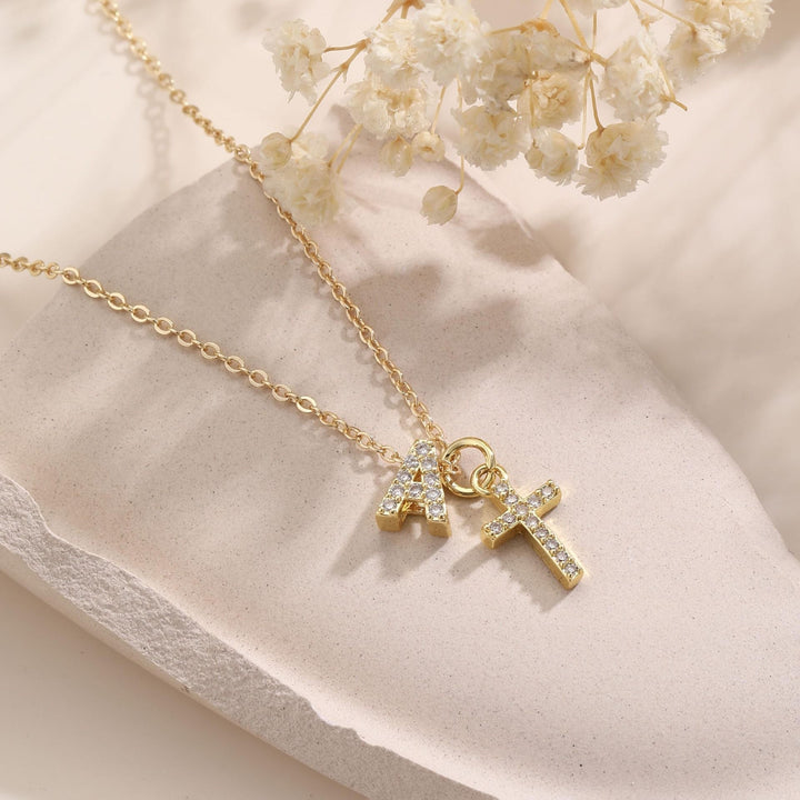 Dainty Crystal Initial & Cross Pendant Necklace