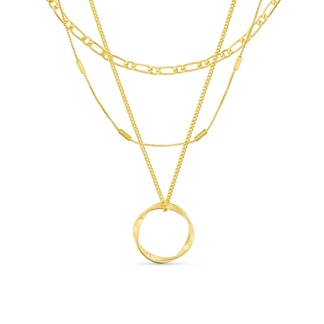 Open Circle Three Row Necklace – Silver Tone