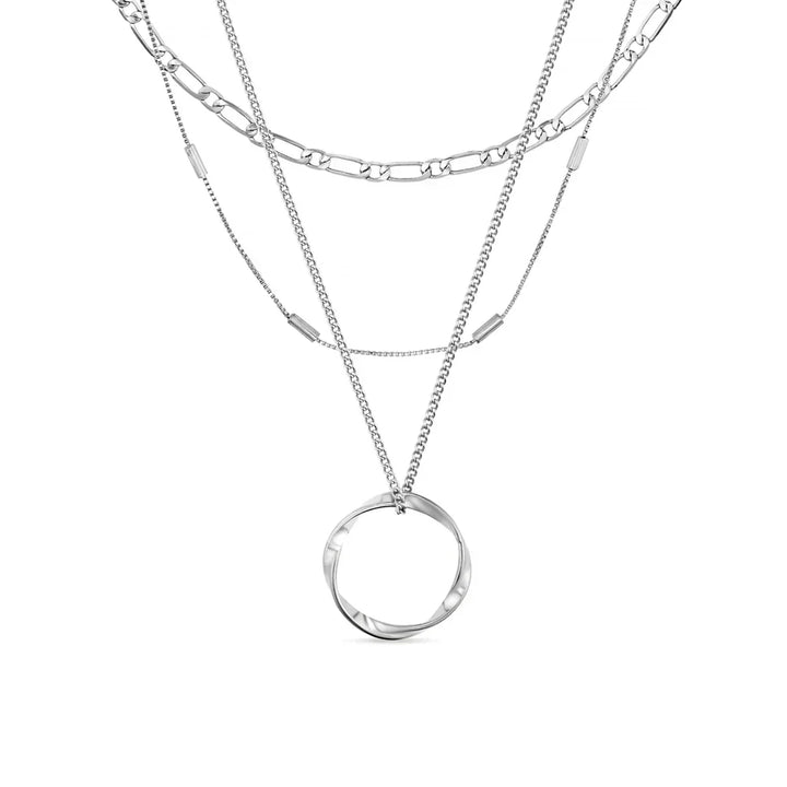Open Circle Three Row Necklace – Silver Tone