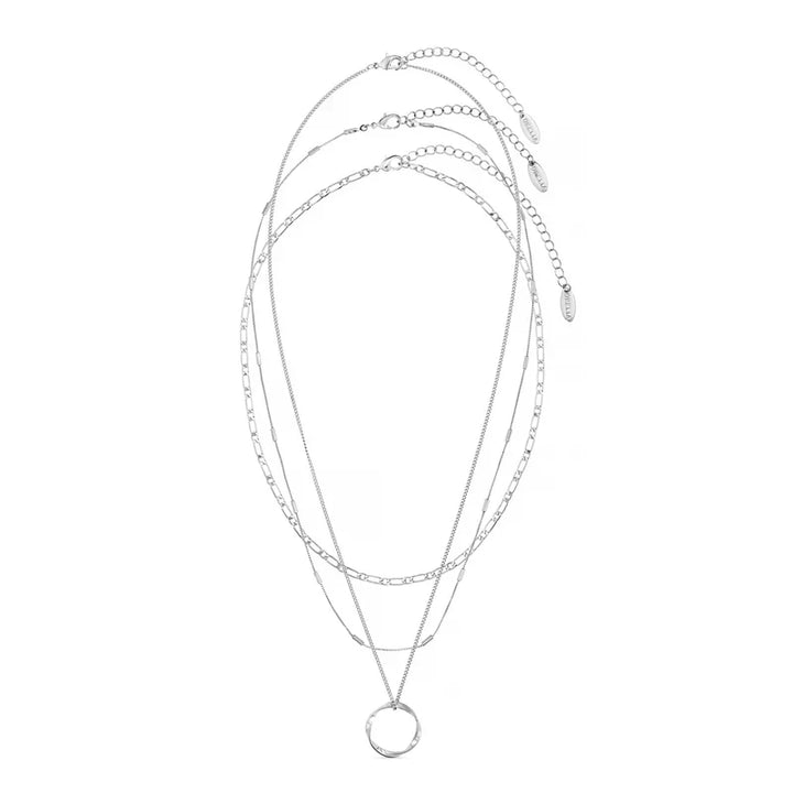 Open Circle Three Row Necklace – Silver Tone