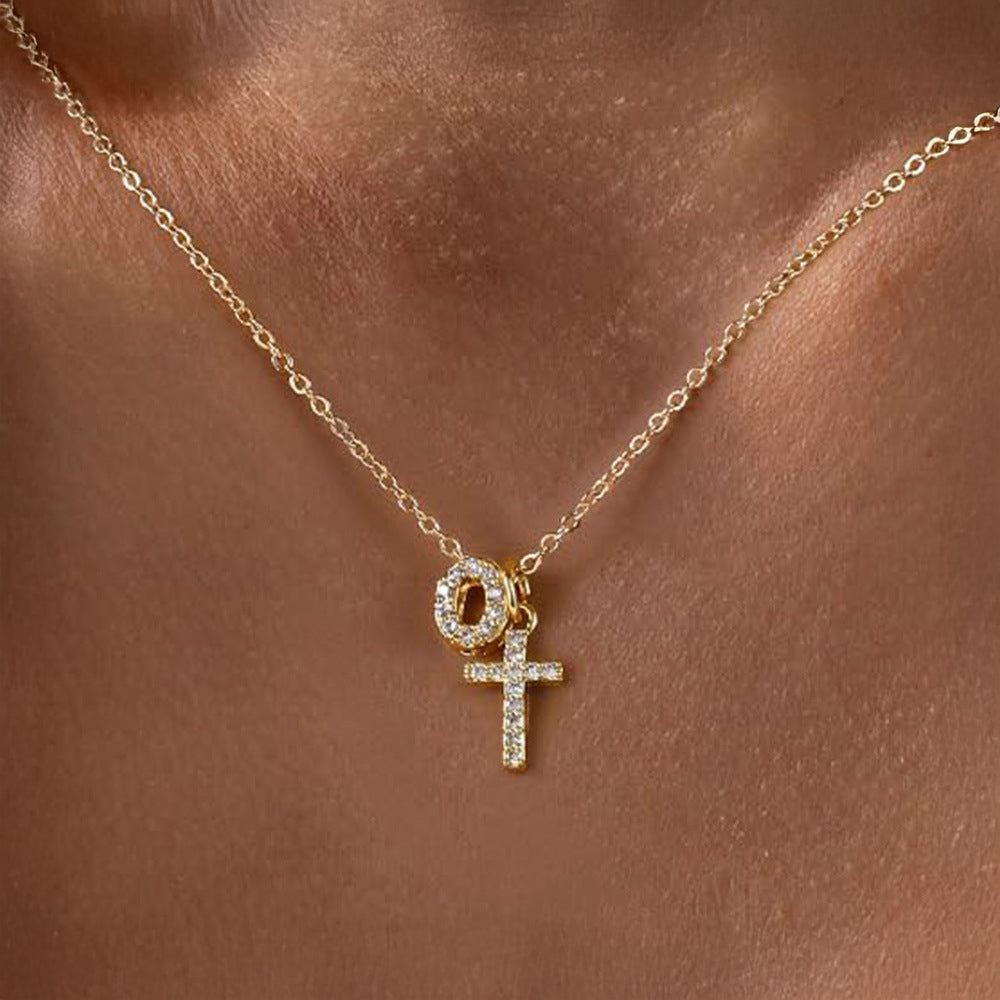 Dainty Crystal Initial & Cross Pendant Necklace