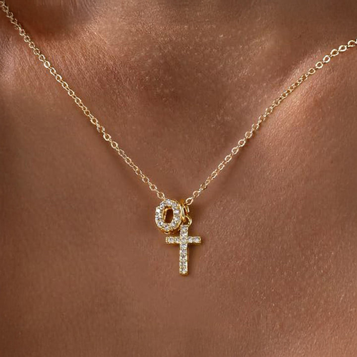 Dainty Crystal Initial & Cross Pendant Necklace