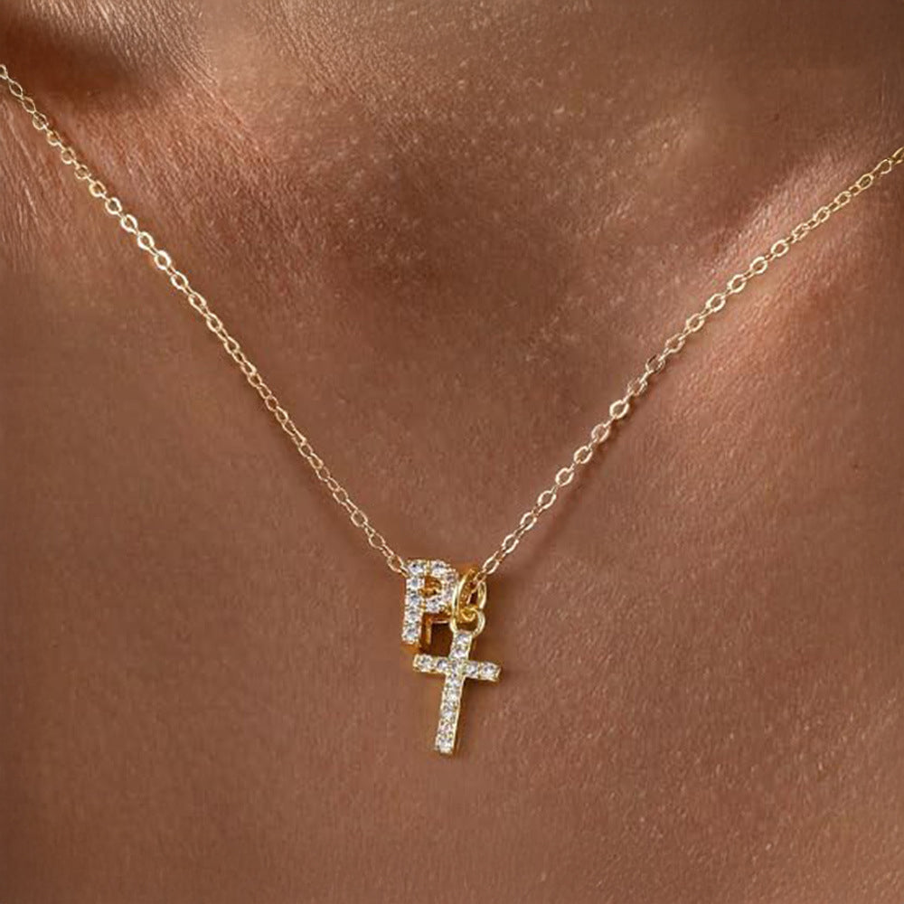 Dainty Crystal Initial & Cross Pendant Necklace