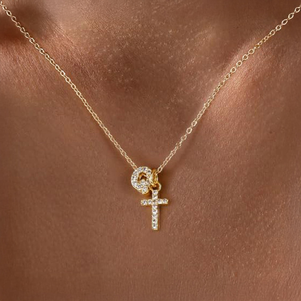 Dainty Crystal Initial & Cross Pendant Necklace