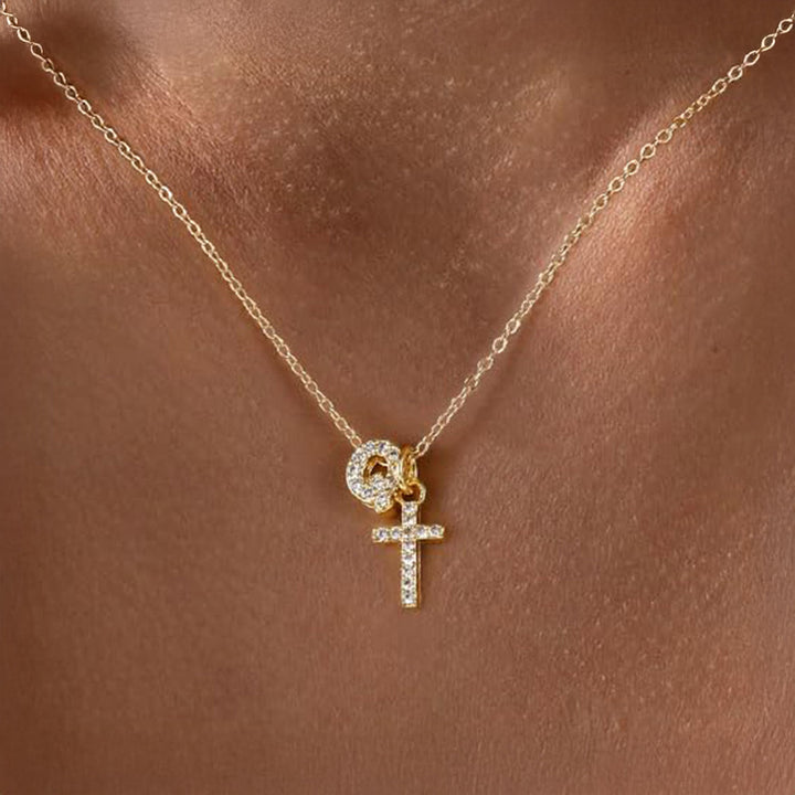 Dainty Crystal Initial & Cross Pendant Necklace