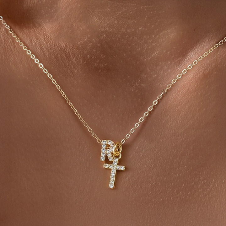 Dainty Crystal Initial & Cross Pendant Necklace
