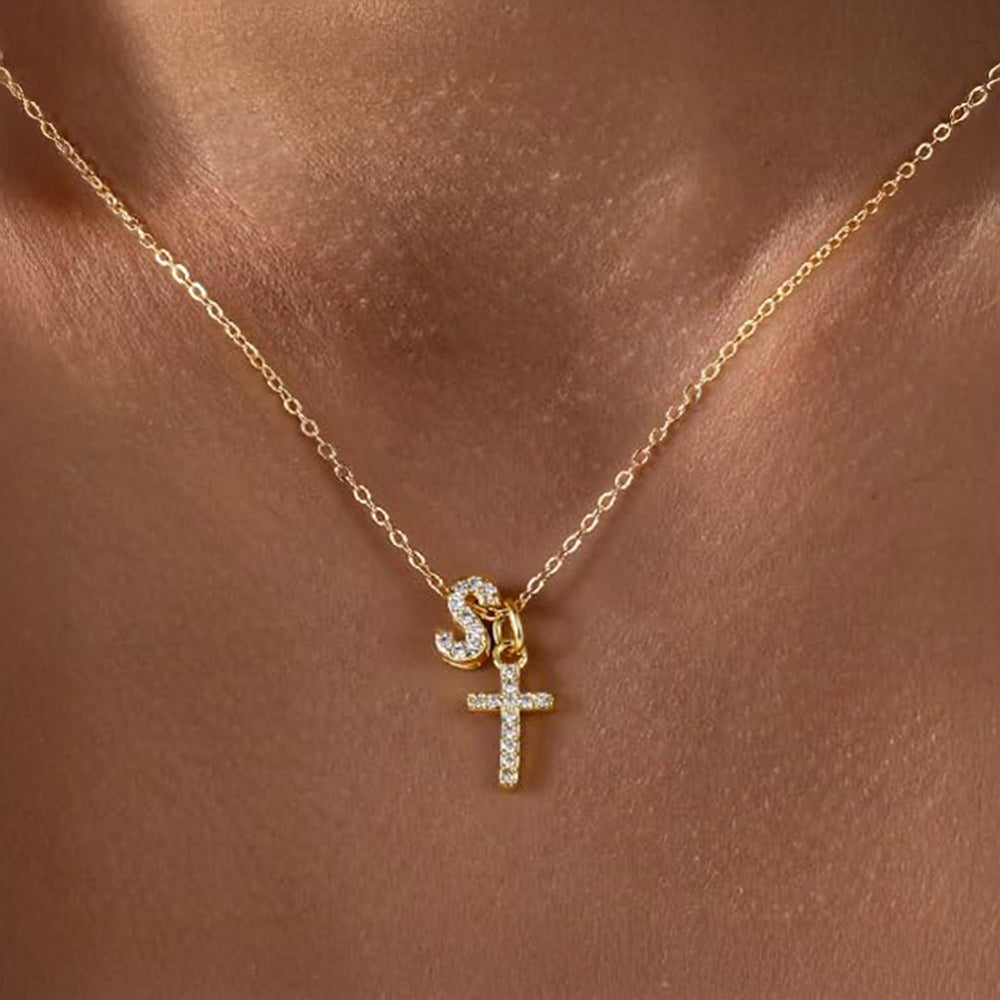 Dainty Crystal Initial & Cross Pendant Necklace