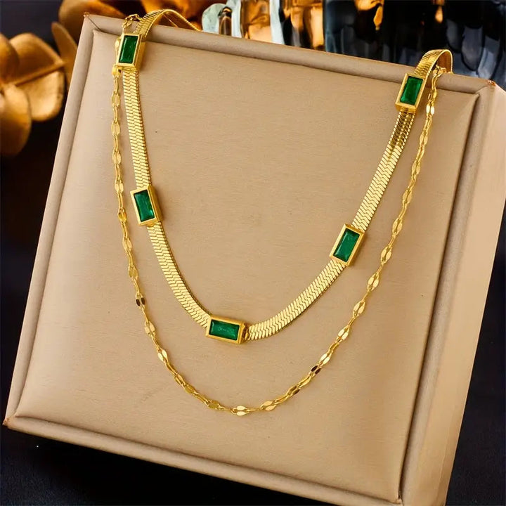 Sorella Gem Double-Layer Retro Necklace – Gold Tone