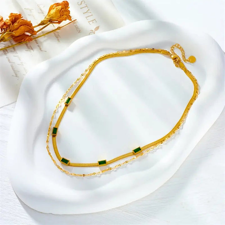 Sorella Gem Double-Layer Retro Necklace – Gold Tone