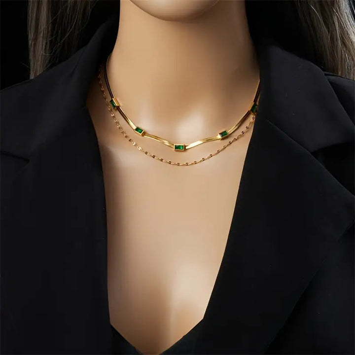 Sorella Gem Double-Layer Retro Necklace – Gold Tone