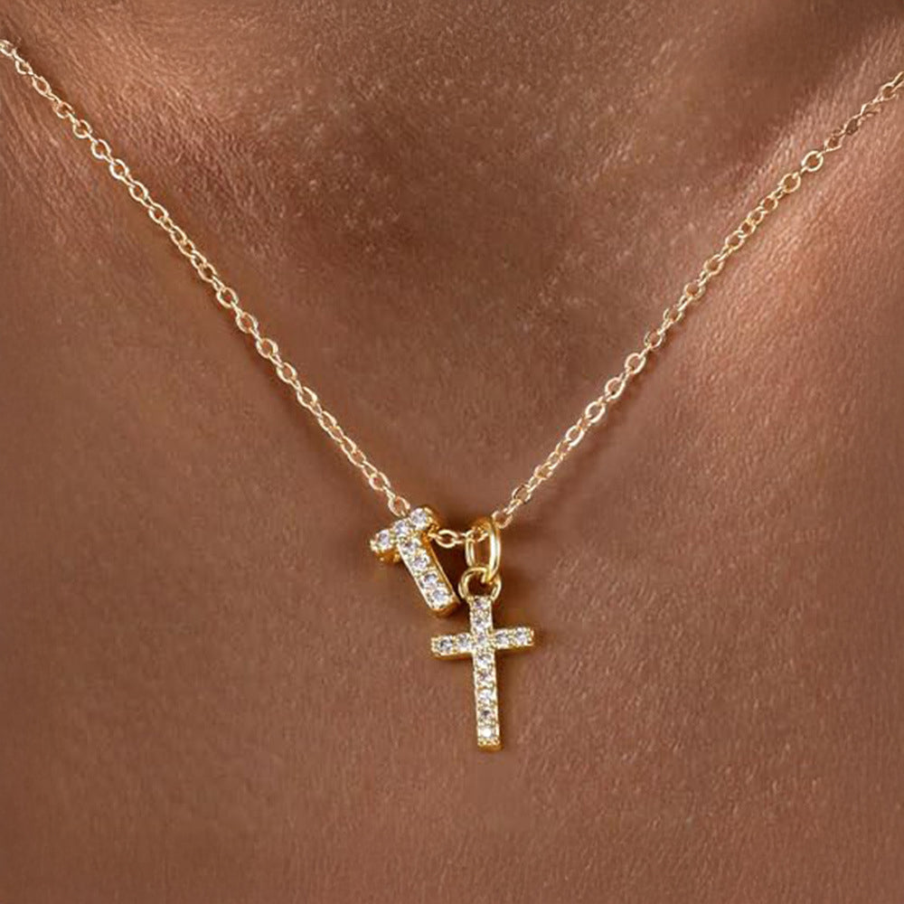 Dainty Crystal Initial & Cross Pendant Necklace