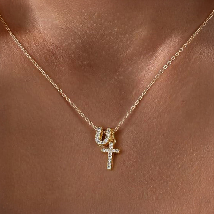 Dainty Crystal Initial & Cross Pendant Necklace