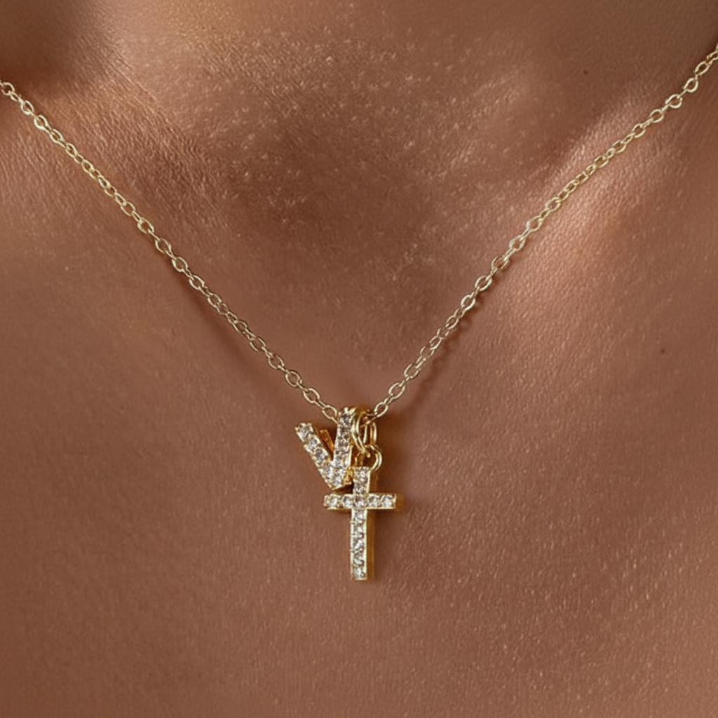 Dainty Crystal Initial & Cross Pendant Necklace