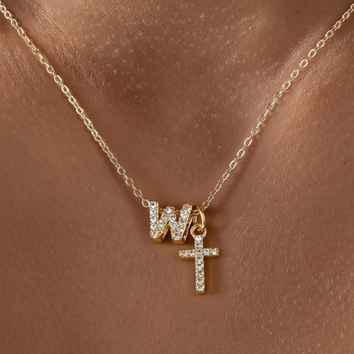 Dainty Crystal Initial & Cross Pendant Necklace