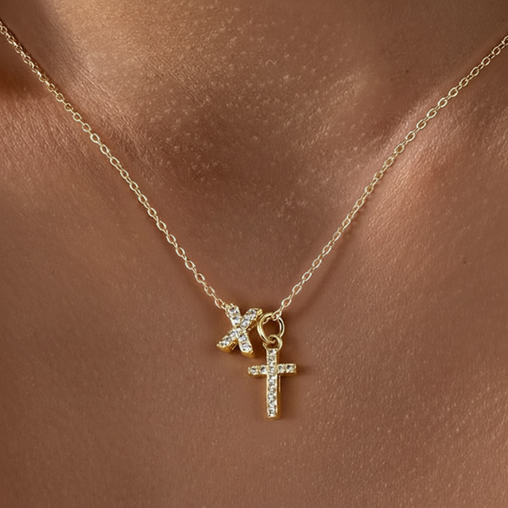 Dainty Crystal Initial & Cross Pendant Necklace