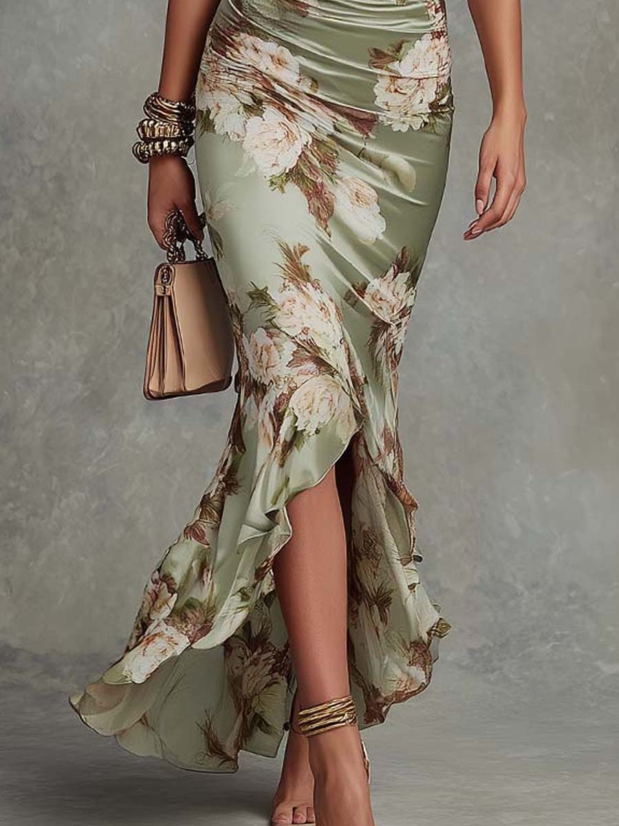 Emma | Long Satin Dress with Floral Print