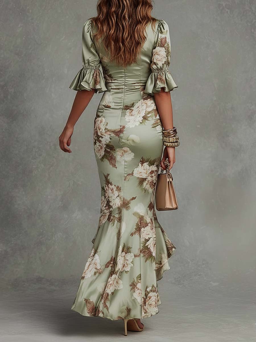 Emma | Long Satin Dress with Floral Print