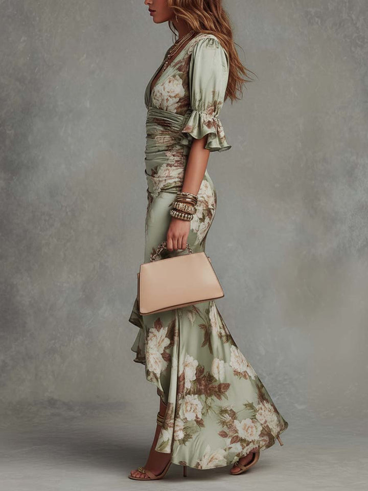 Emma | Long Satin Dress with Floral Print