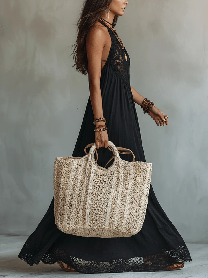 Bohemian Black Sleeveless Lace-Trimmed Maxi Dress