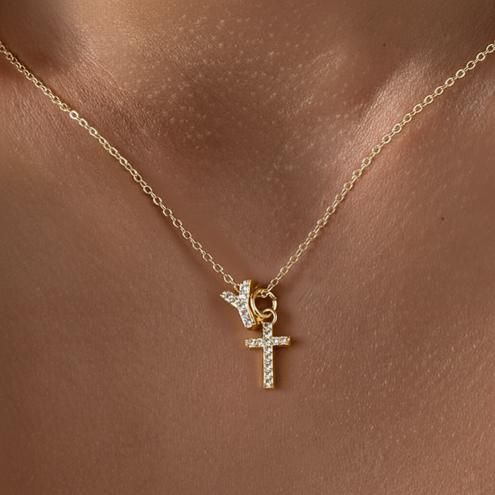 Dainty Crystal Initial & Cross Pendant Necklace