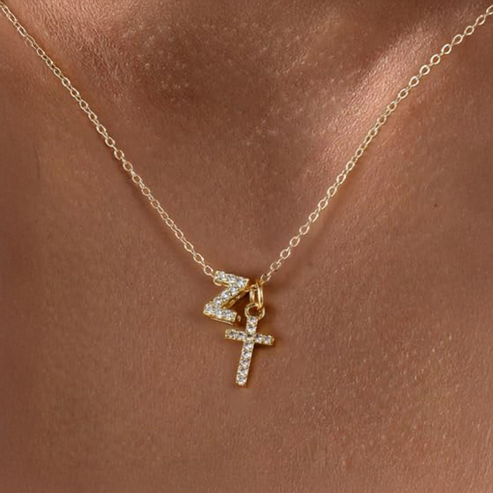 Dainty Crystal Initial & Cross Pendant Necklace