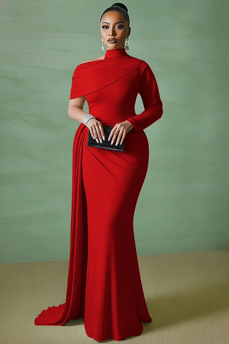 Asymmetric Mock Neck Long Sleeve Sash Party Maxi Dress