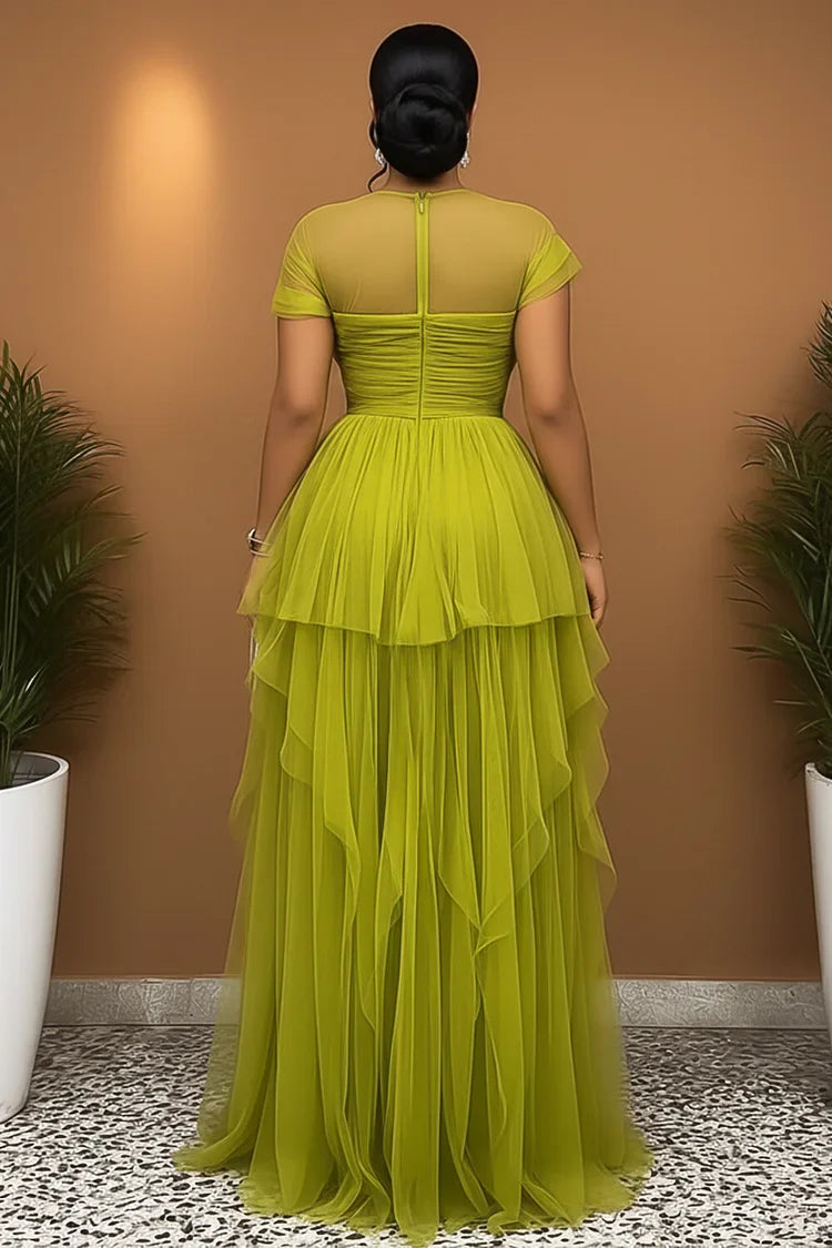 Short Sleeve Cinch Waist High Slit Tulle Gowns Maxi Dress