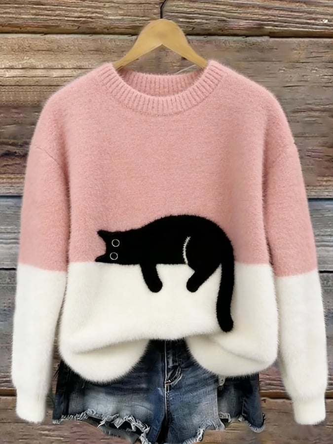 Emma™ | Elegant Cat Print Oversized Sweater