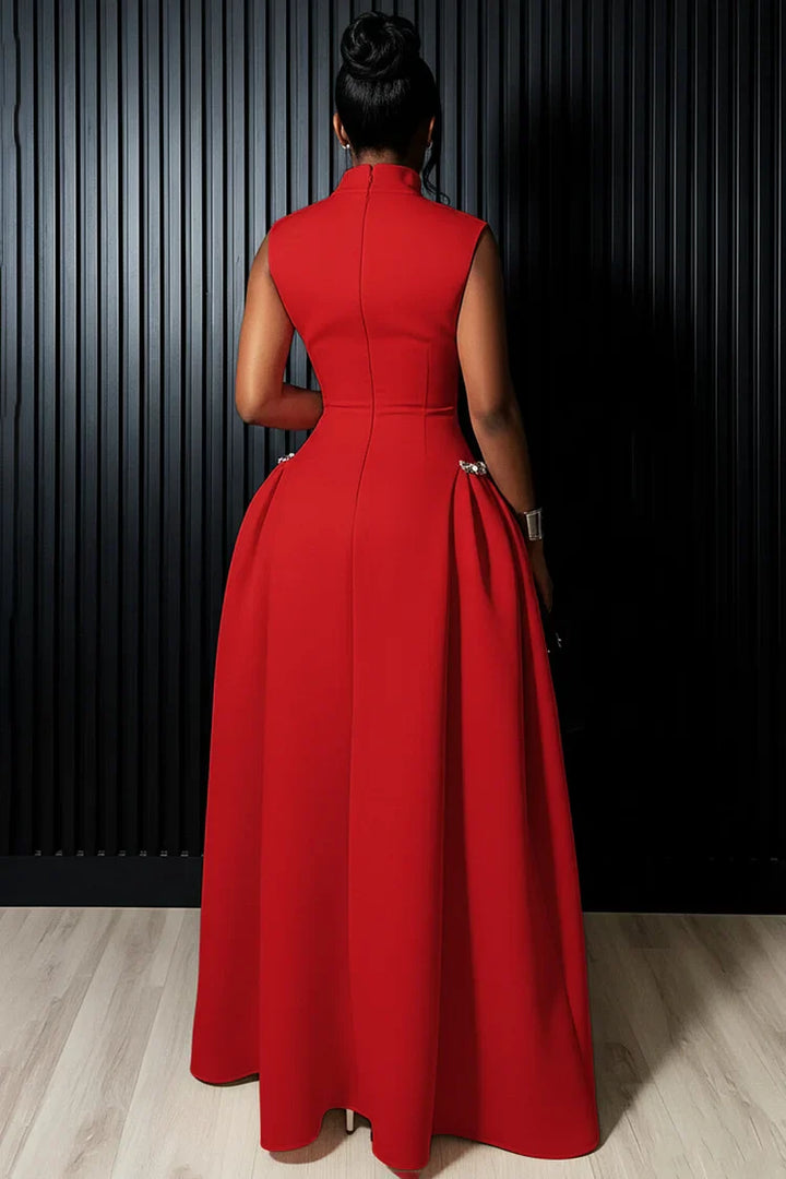 Mock Neck Sleeveless Cinched Seam Detail Party Maxi Dress