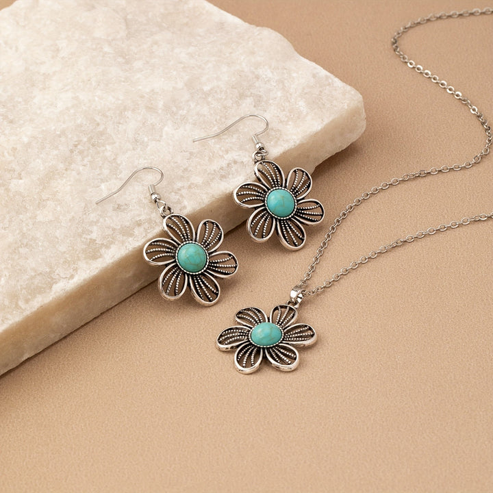 Vintage Turquoise Flower Silver Plated Necklace & Earring Set