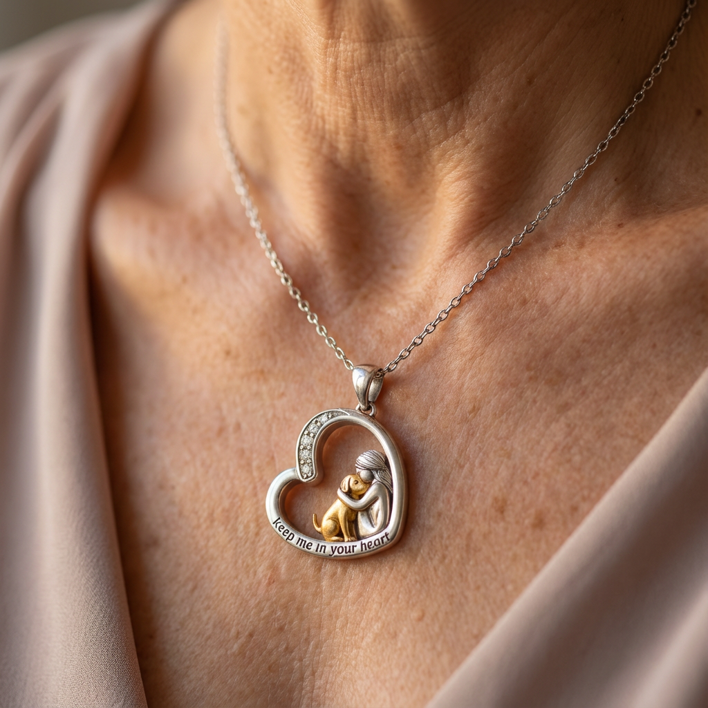 Silver Heart Necklace with Dog and Zirconia Stones