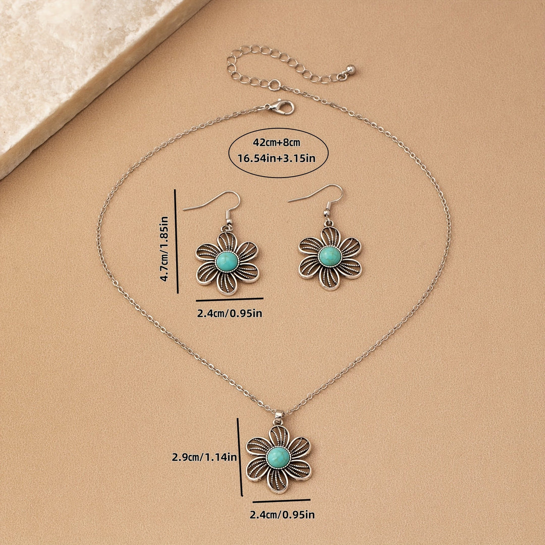Vintage Turquoise Flower Silver Plated Necklace & Earring Set