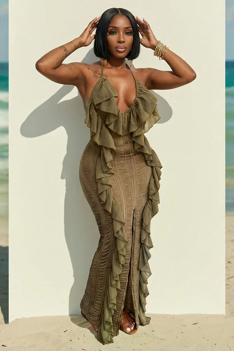 Halter Backless Ruffle Trim Slit Slim Fit Maxi Dress