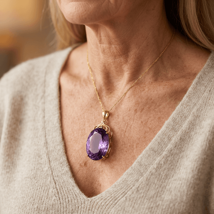 Elegant Purple Synthetic Zirconia Inlaid Oval Pendant Necklace