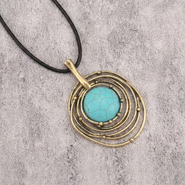 Classic Black Wax Cord Turquoise Stone Long Necklace