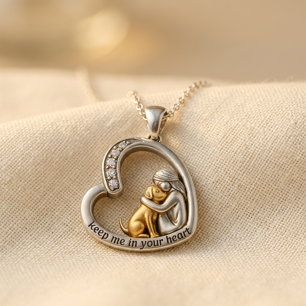 Silver Heart Necklace with Dog and Zirconia Stones