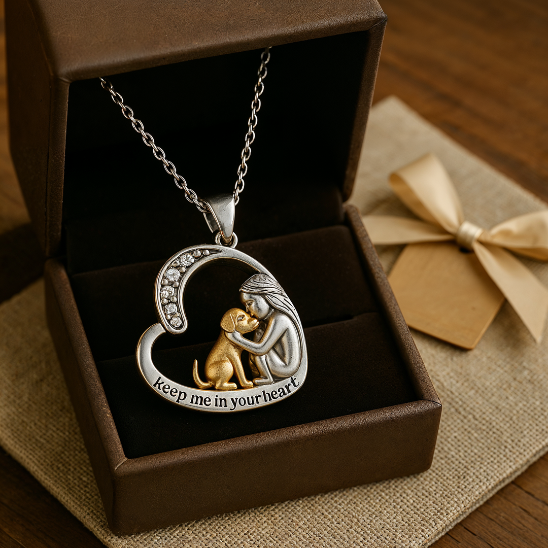 Silver Heart Necklace with Dog and Zirconia Stones